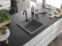 Mexen Vito 1-bowl granite sink 520 x 490 mm, gray, black siphon - 6503521000-71-B