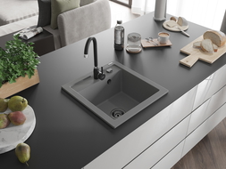 Mexen Vito granite sink 1-bowl 520 x 490 mm, grey, black siphon - 6503521000-71-B