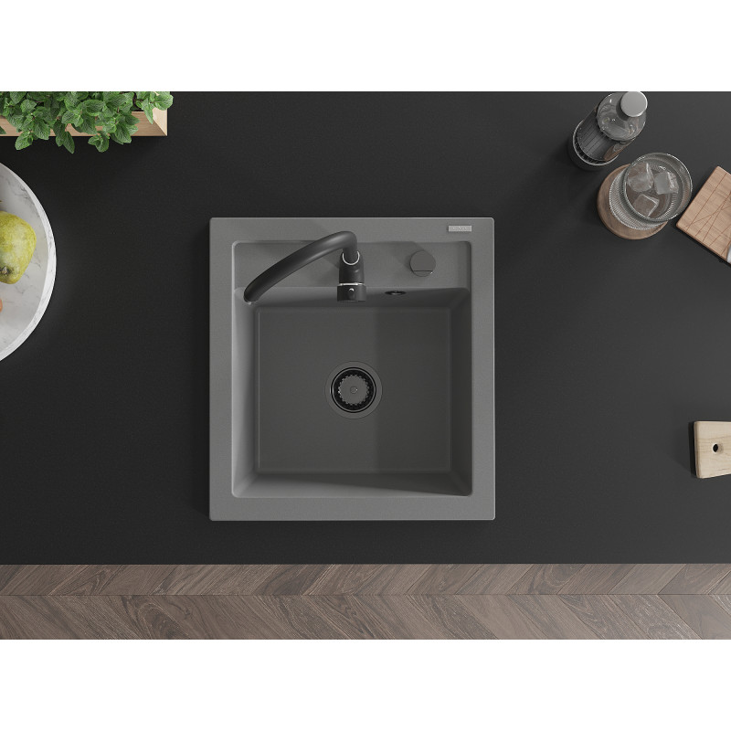 Mexen Vito 1-bowl granite sink 520 x 490 mm, gray, black siphon - 6503521000-71-B