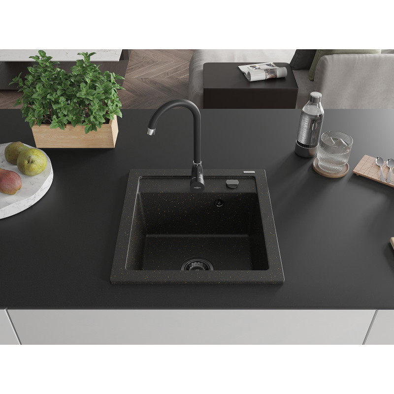 Mexen Vito granite sink 1-bowl 520 x 490 mm, black/golden metallic, black siphon - 6503521000-75-B