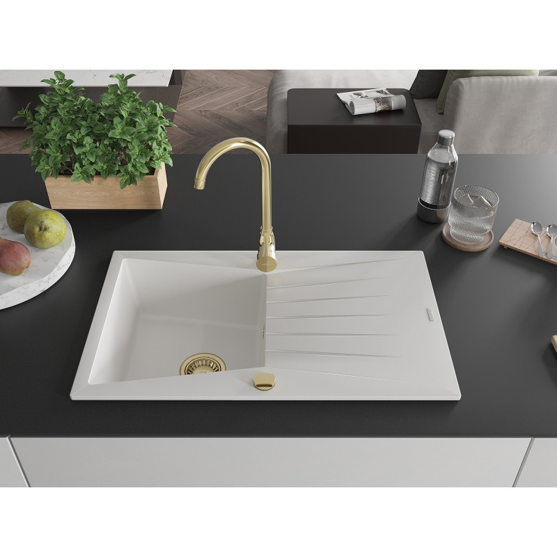 Mexen Cesar granite kitchen sink 1-bowl with drainer 775 x 470 mm, white, golden siphon - 6514771010-20-G