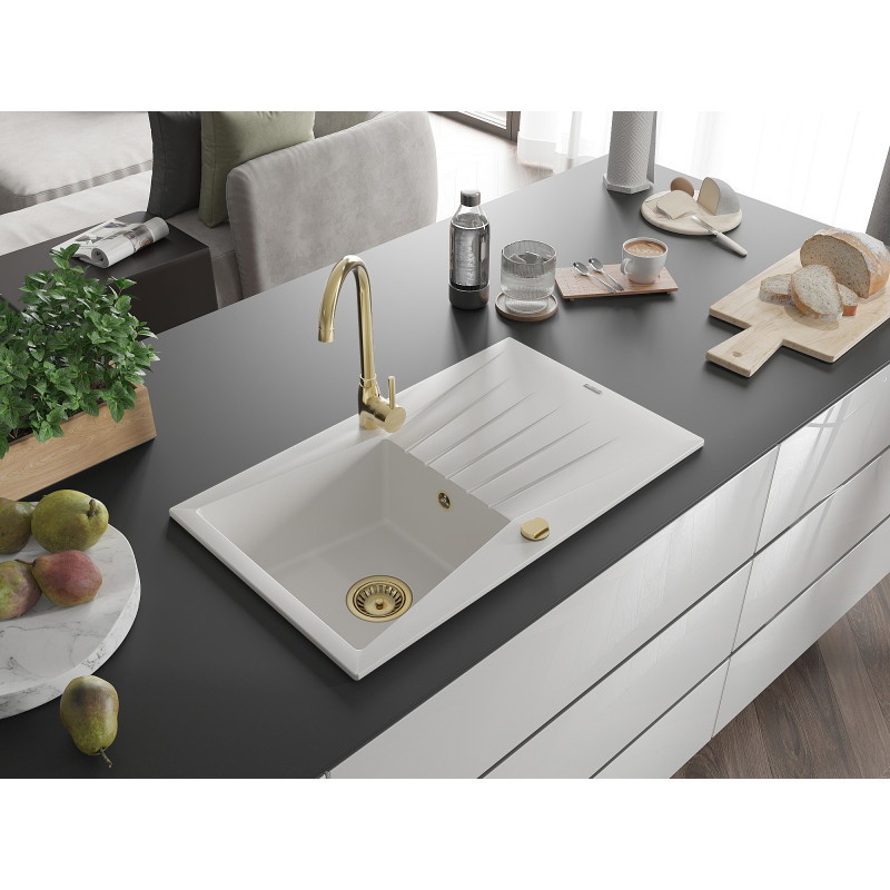 Mexen Cesar granite kitchen sink 1-bowl with drainer 775 x 470 mm, white, gold siphon - 6514771010-20-G