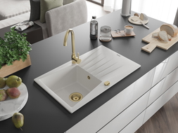 Mexen Cesar 1-compartment granite sink with a drip tray 775 x 470 mm, White, siphon Gold - 6514771010-20-G