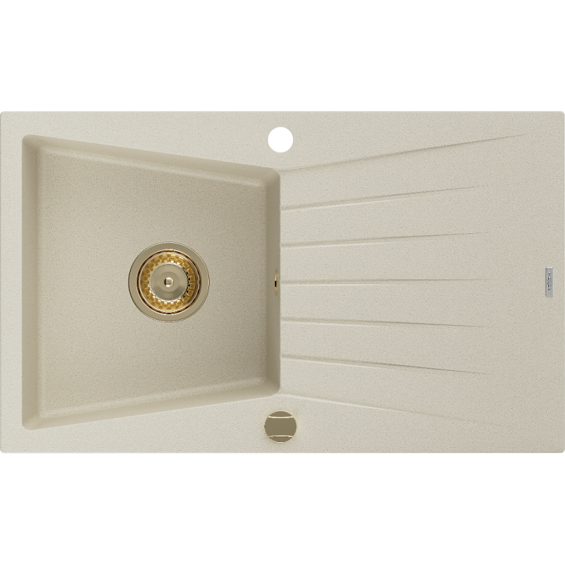 Mexen Cesar 1-bowl granite sink with drainer 775 x 470 mm, beige, golden siphon - 6514771010-69-G