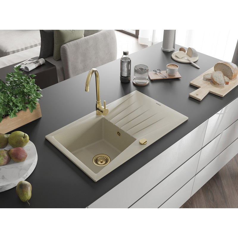 Mexen Cesar 1-bowl granite sink with drainer 775 x 470 mm, beige, golden siphon - 6514771010-69-G