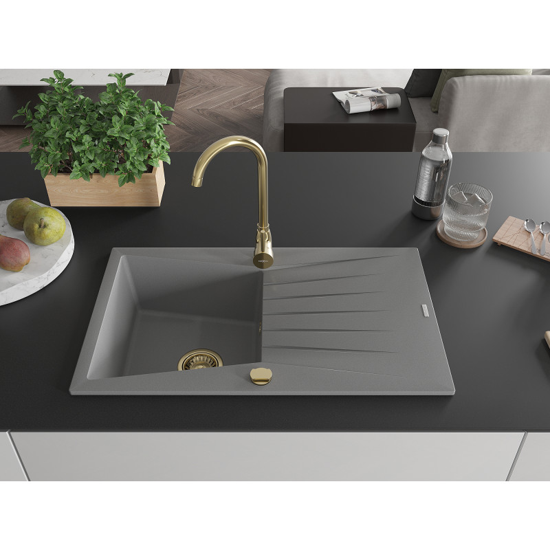 Mexen Cesar 1-bowl granite kitchen sink with drainer 775 x 470 mm, gray, golden siphon - 6514771010-71-G