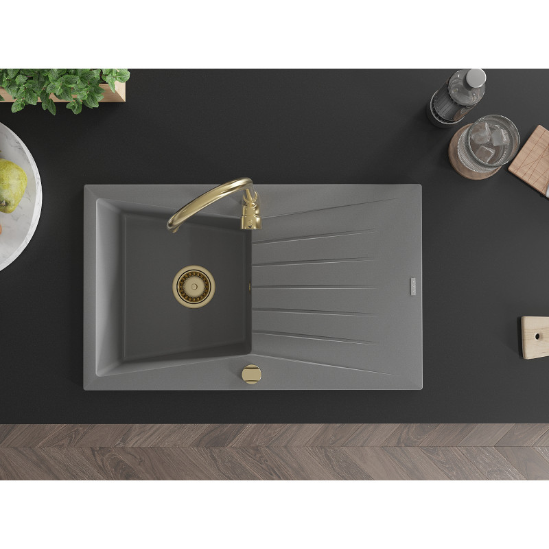 Mexen Cesar 1-bowl granite kitchen sink with drainer 775 x 470 mm, gray, golden siphon - 6514771010-71-G