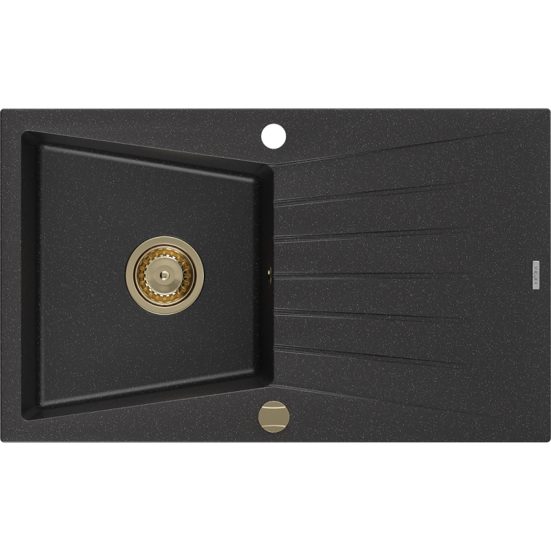 Mexen Cesar granite sink 1-bowl with drainer 775 x 470 mm, black/silver metallic, golden siphon - 6514771010-73-G