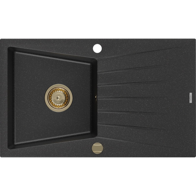 Mexen Cesar single-bowl granite sink with drainer 775 x 470 mm, black/silver metallic, gold siphon - 6514771010-73-G