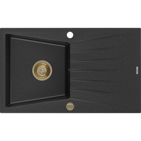 Mexen Cesar 1-compartment granite sink with a drip tray 775 x 470 mm, Black/Silver metallic, siphon Gold - 6514771010-73-G