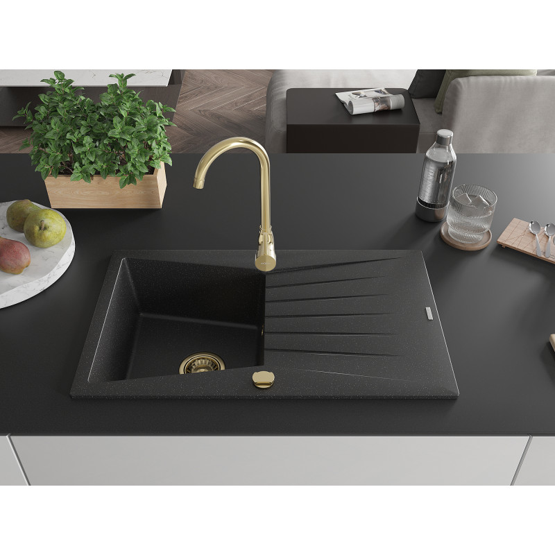 Mexen Cesar granite sink 1-bowl with drainer 775 x 470 mm, black/silver metallic, golden siphon - 6514771010-73-G