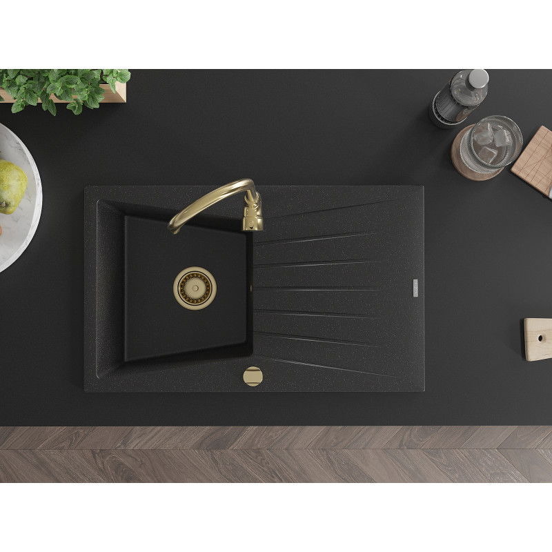 Mexen Cesar 1-bowl granite sink with drainer 775 x 470 mm, black/silver metallic, golden siphon - 6514771010-73-G