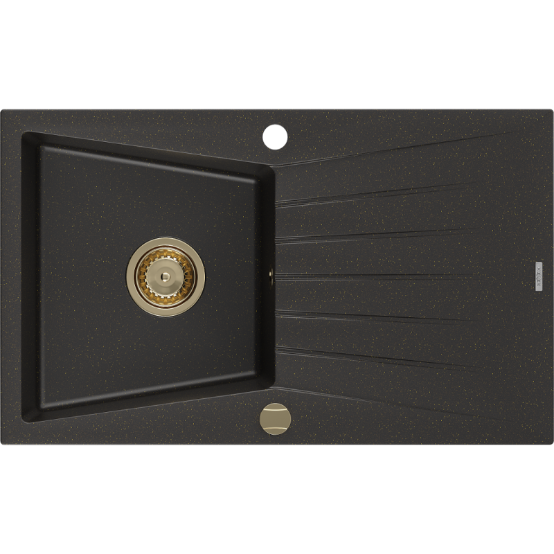 Mexen Cesar 1-bowl granite sink with drainer 775 x 470 mm, black/gold metallic, gold siphon - 6514771010-75-G