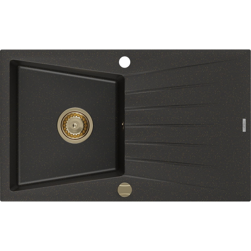 Mexen Cesar granite kitchen sink single bowl with drainer 775 x 470 mm, black/gold metallic, gold siphon - 6514771010-75-G