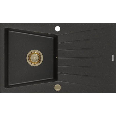 Mexen Cesar 1-bowl granite sink with drainer 775 x 470 mm, black/gold metallic, gold siphon - 6514771010-75-G
