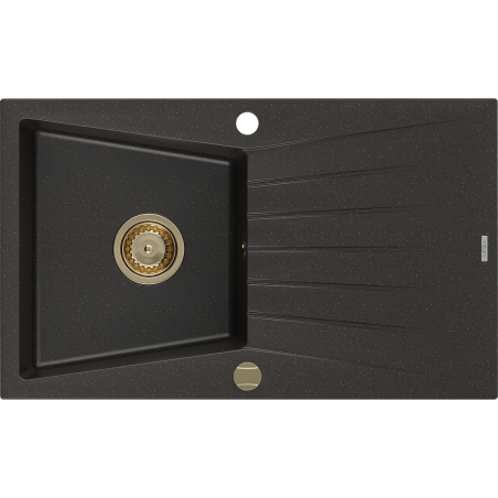 Mexen Cesar granite sink 1-bowl with drainer 775 x 470 mm, black/gold metallic, gold siphon - 6514771010-75-G