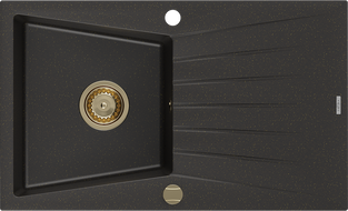 Mexen Cesar 1-compartment granite sink with a drip tray 775 x 470 mm, Black/Gold metallic, siphon Gold - 6514771010-75-G