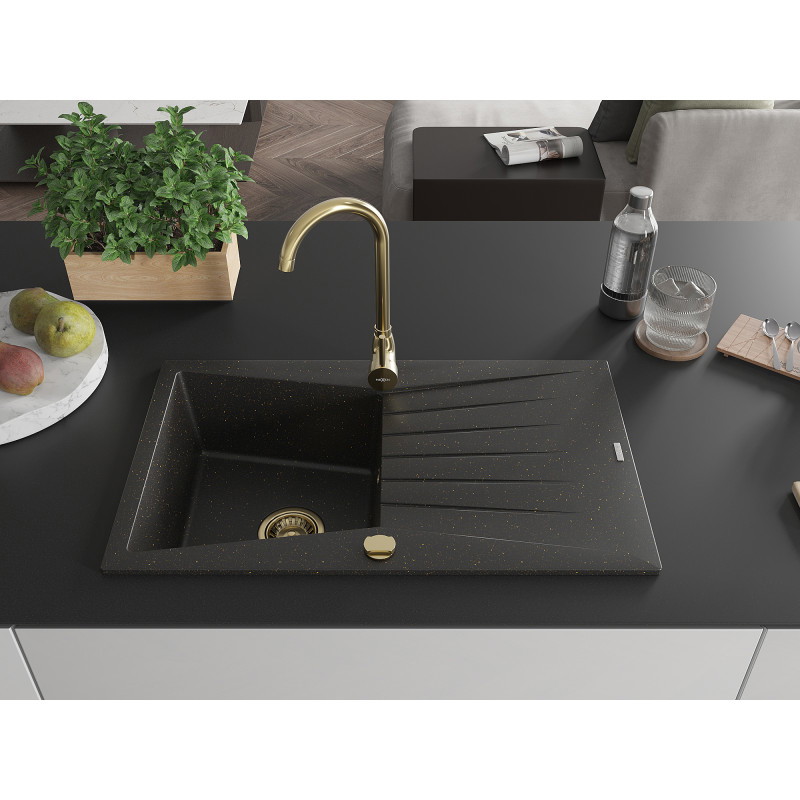 Mexen Cesar 1-bowl granite sink with drainer 775 x 470 mm, black/gold metallic, gold siphon - 6514771010-75-G