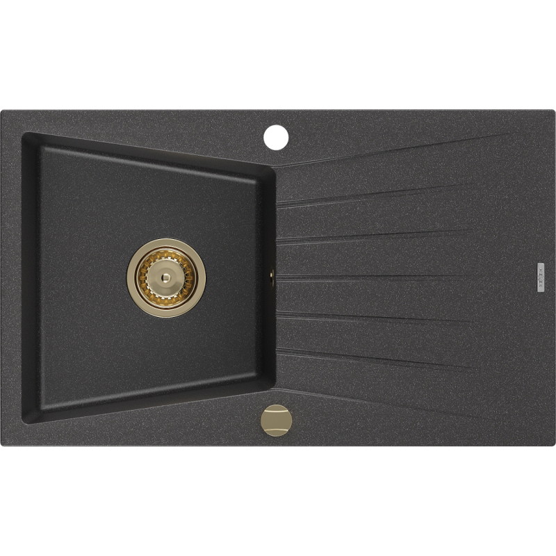 Mexen Cesar granite sink 1-bowl with drainer 775 x 470 mm, black speckled, gold siphon - 6514771010-76-G