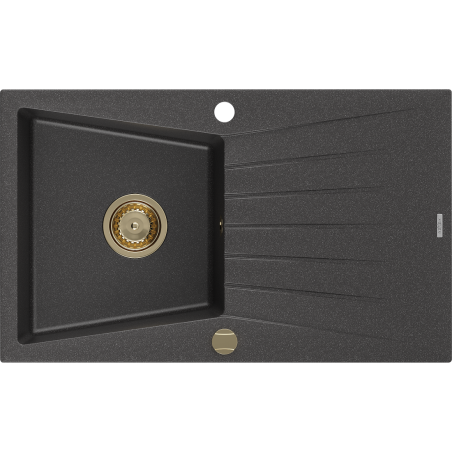 Mexen Cesar granite sink 1-bowl with drainer 775 x 470 mm, black speckled, gold siphon - 6514771010-76-G