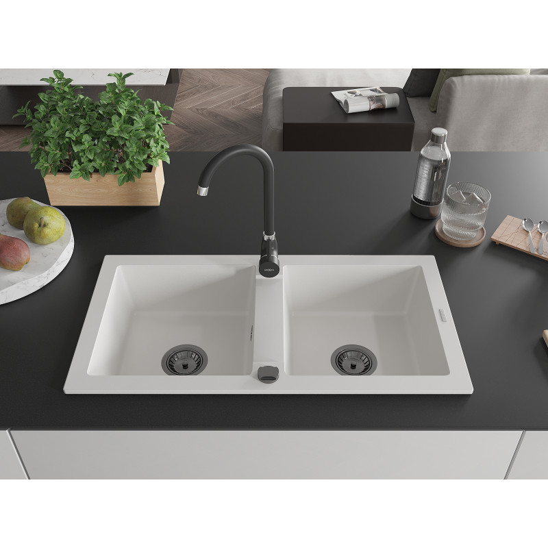 Mexen Mario granite double-bowl sink 820 x 436 mm, white, black siphon - 6504822000-20-B