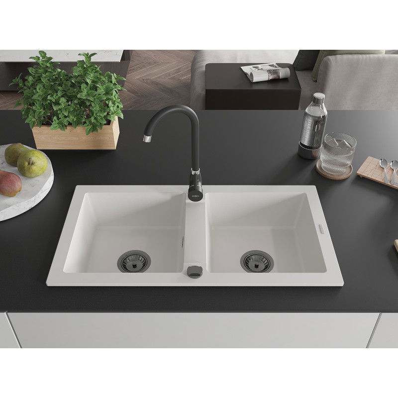 Mexen Mario granite kitchen sink 2-chamber 820 x 436 mm, white, black siphon - 6504822000-20-B