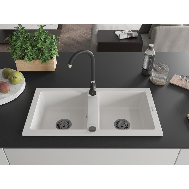 Mexen Mario granite sink 2-bowl 820 x 436 mm, white, black siphon - 6504822000-20-B