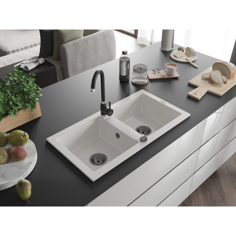 Mexen Mario granite double-bowl sink 820 x 436 mm, white, black siphon - 6504822000-20-B