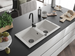 Mexen Mario granite double-bowl sink 820 x 436 mm, white, black siphon - 6504822000-20-B