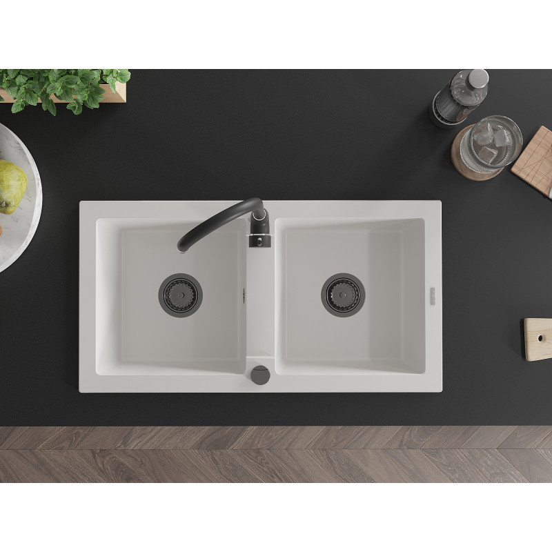 Mexen Mario granite double-bowl sink 820 x 436 mm, white, black siphon - 6504822000-20-B