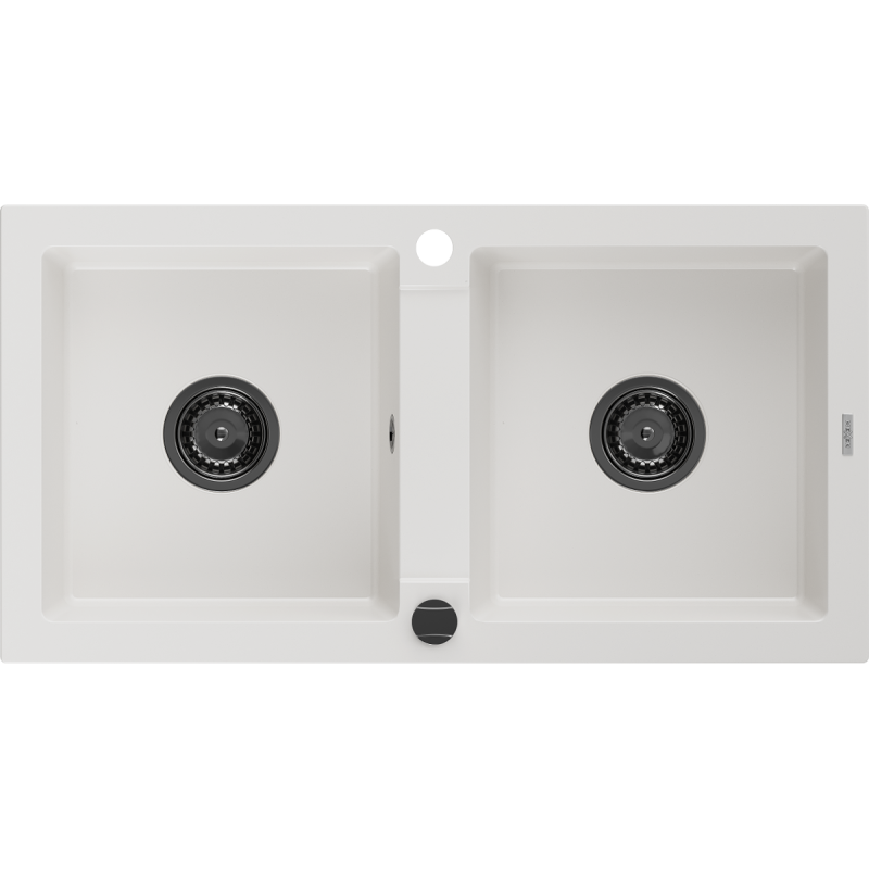 Mexen Mario granite double-bowl sink 820 x 436 mm, white, black siphon - 6504822000-20-B