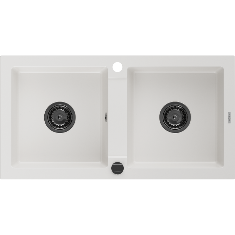 Mexen Mario granite kitchen sink 2-chamber 820 x 436 mm, white, black siphon - 6504822000-20-B