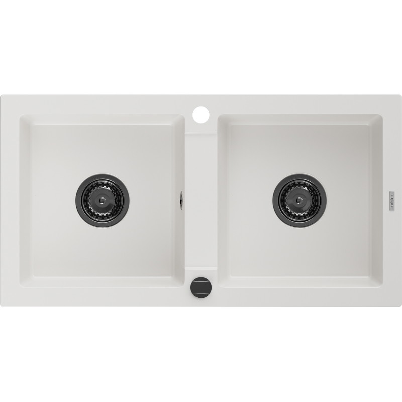 Mexen Mario granite sink 2-bowl 820 x 436 mm, white, black siphon - 6504822000-20-B