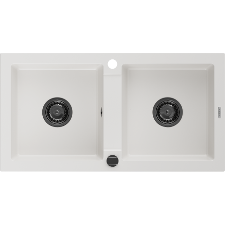 Mexen Mario granite double-bowl sink 820 x 436 mm, white, black siphon - 6504822000-20-B