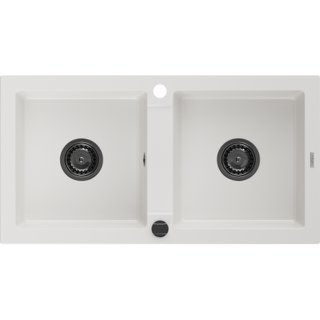 Mexen Mario granite kitchen sink 2-chamber 820 x 436 mm, white, black siphon - 6504822000-20-B