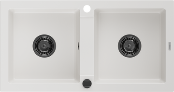 Mexen Mario granite double-bowl sink 820 x 436 mm, white, black siphon - 6504822000-20-B