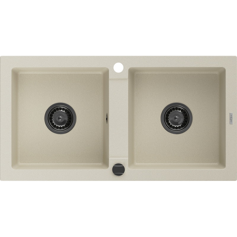 Mexen Mario granite double-bowl sink 820 x 436 mm, beige, black siphon - 6504822000-69-B