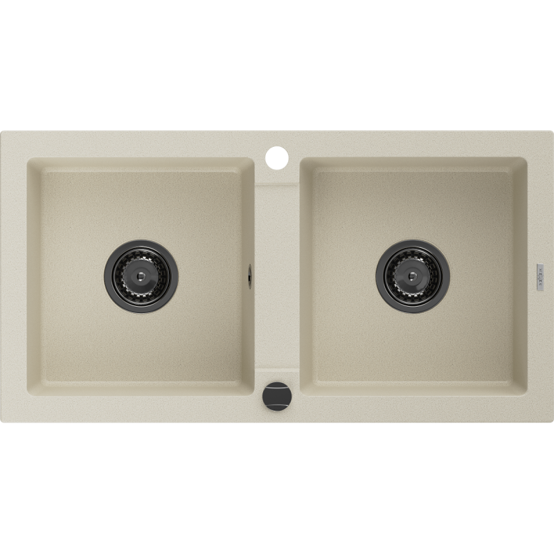 Mexen Mario granite kitchen sink 2-chamber 820 x 436 mm, beige, black siphon - 6504822000-69-B
