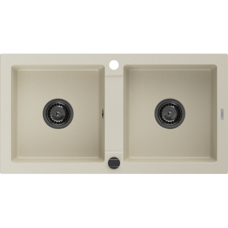 Mexen Mario granite sink with 2 compartments 820 x 436 mm, beige, black siphon - 6504822000-69-B
