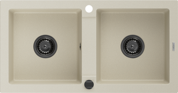 Mexen Mario granite double-bowl sink 820 x 436 mm, beige, black siphon - 6504822000-69-B