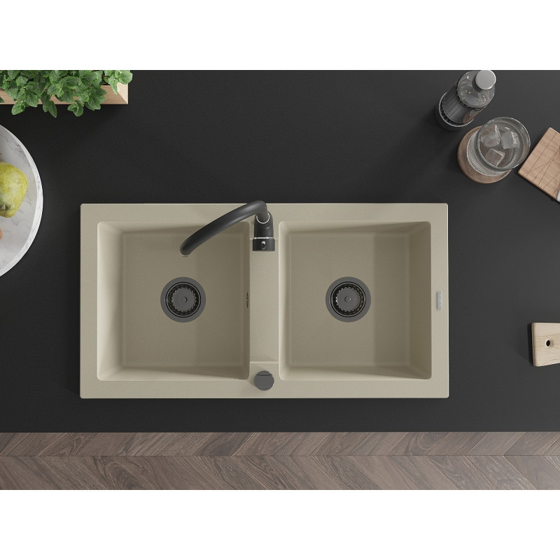 Mexen Mario granite double-bowl sink 820 x 436 mm, beige, black siphon - 6504822000-69-B