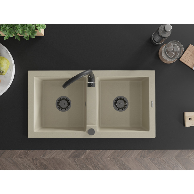 Mexen Mario granite kitchen sink 2-chamber 820 x 436 mm, beige, black siphon - 6504822000-69-B