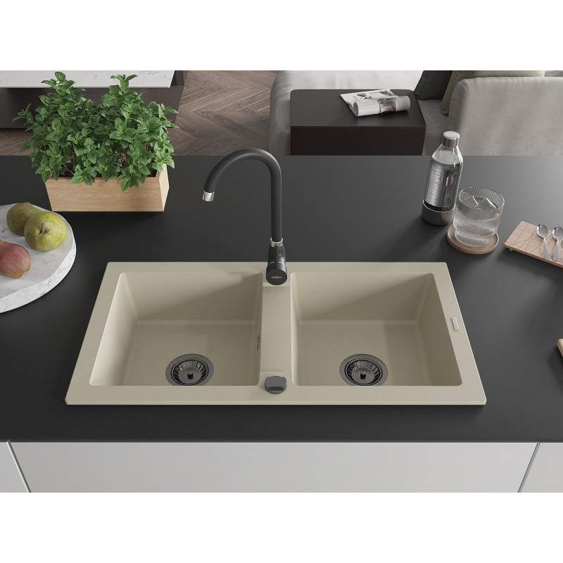 Mexen Mario granite kitchen sink 2-chamber 820 x 436 mm, beige, black siphon - 6504822000-69-B