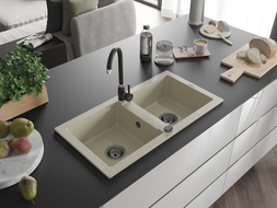 Mexen Mario granite double-bowl sink 820 x 436 mm, beige, black siphon - 6504822000-69-B