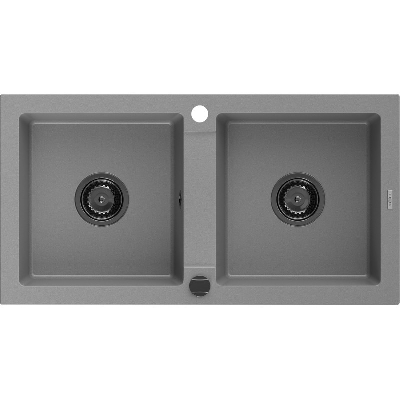 Mexen Mario granite double-basin sink 820 x 436 mm, gray, black siphon - 6504822000-71-B