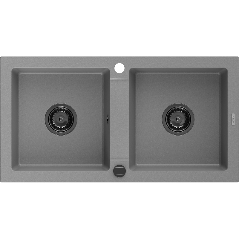Mexen Mario granite sink 2-bowl 820 x 436 mm, grey, black siphon - 6504822000-71-B