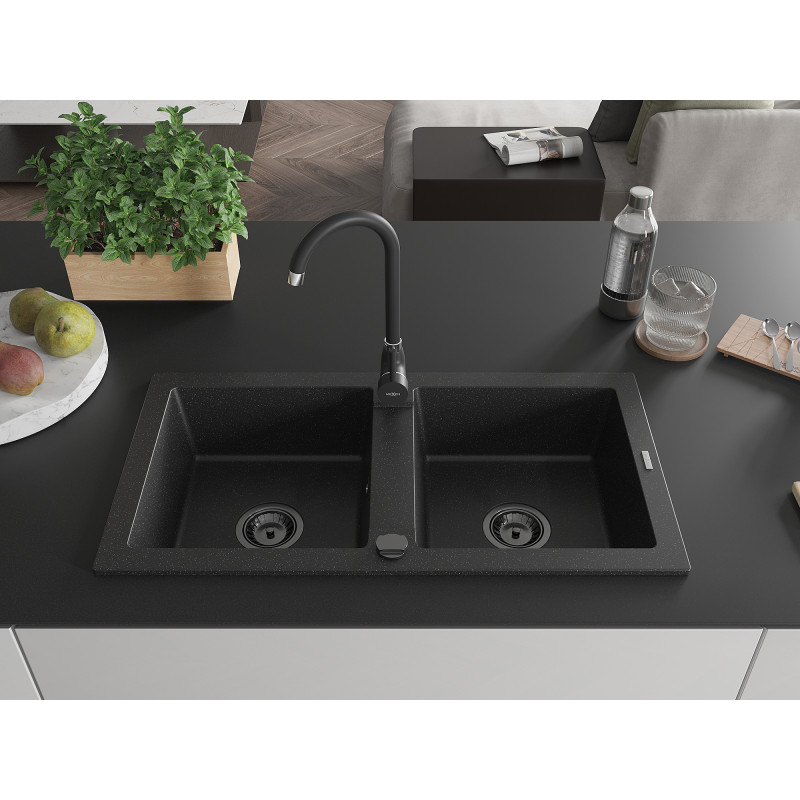 Mexen Mario granite double-bowl sink 820 x 436 mm, black/silver metallic, black siphon - 6504822000-73-B