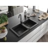 Mexen Mario granite sink 2-bowl 820 x 436 mm, black/silver metallic, black siphon - 6504822000-73-B