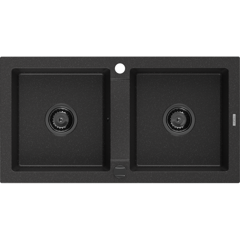 Mexen Mario granite double-bowl sink 820 x 436 mm, black/silver metallic, black siphon - 6504822000-73-B