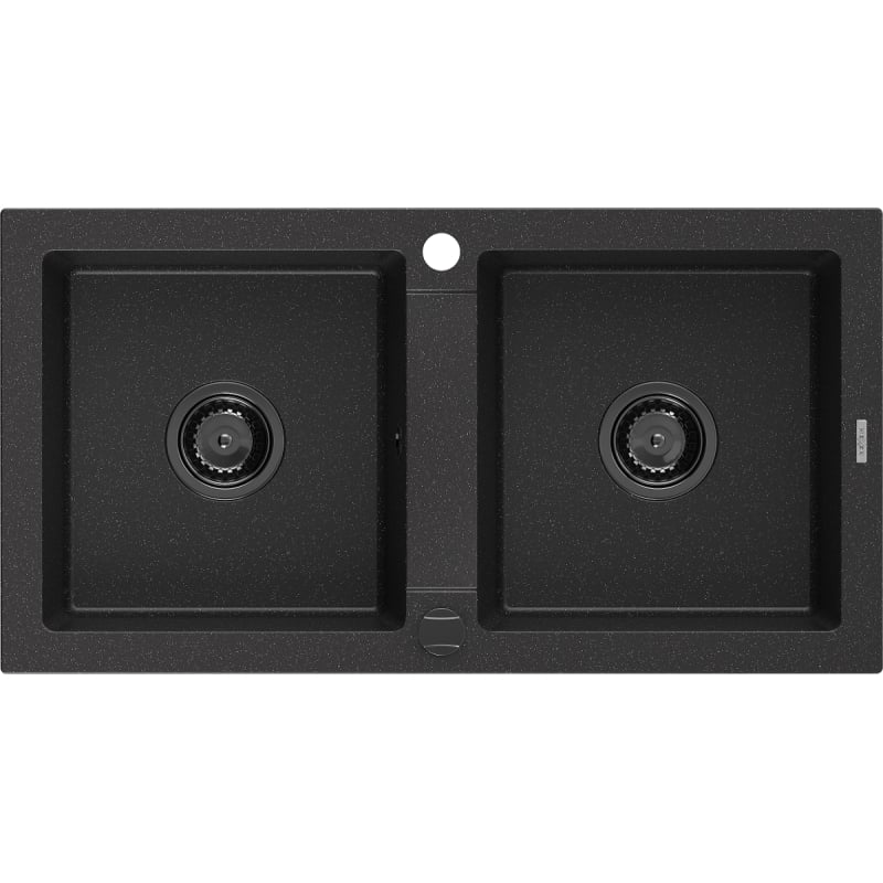 Mexen Mario granite sink 2-bowl 820 x 436 mm, black/silver metallic, black siphon - 6504822000-73-B